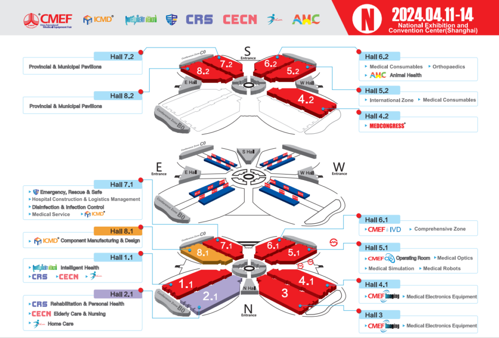 CMEF의 각 층과 각 전시관에 어떤 주제의 제품들이 위치해 있는지 보여주는 지도.